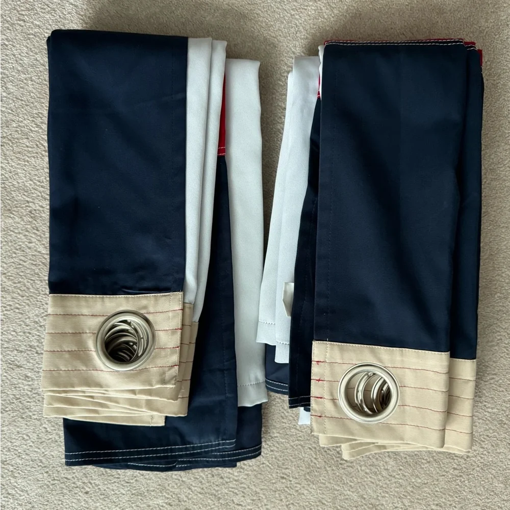 POTTERY BARN KIDS RUGBY STRIPE RED NAVY KHAKI BLACKOUT GROMMET PANELS (2)Panels